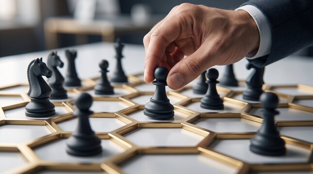 A business person in a suit moves a black pawn on a unique golden hexagonal chessboard to demonstrate strategic planning with symbolizing tactical decision making