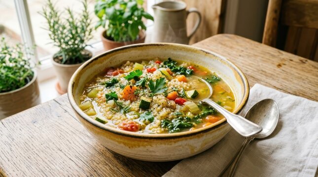 Hearty vegetable soup with couscous and fresh herbs served in a rustic bowl
