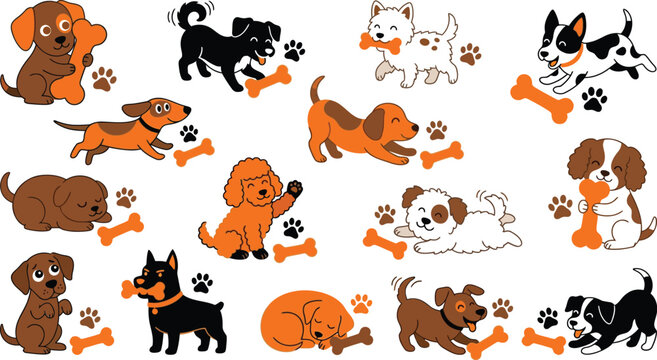 Pattern background with various cute puppies playing with bones and paw prints set.