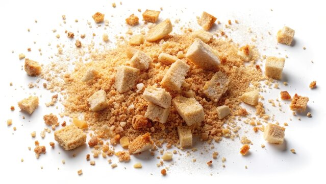 Bread crumbs macro isolated on white background splash of crumbs top view flat lay