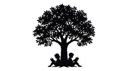 Minimalist black vector illustration showing two children reading books while sitting under a large tree
