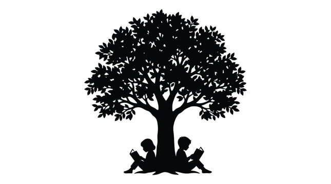 Minimalist black vector illustration showing two children reading books while sitting under a large tree