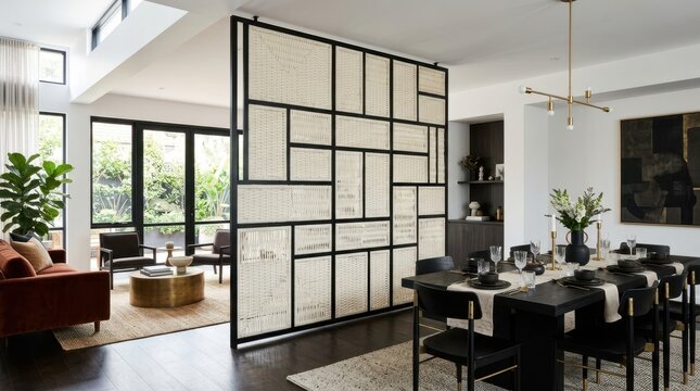 Modern open-plan living and dining area with a decorative room divider
