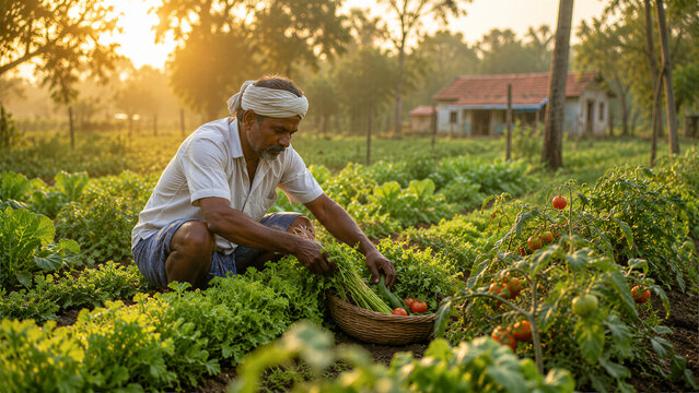 Indian Farmer Harvesting Fresh Organic Vegetables in Sustainable Rural Farm at Sunrise