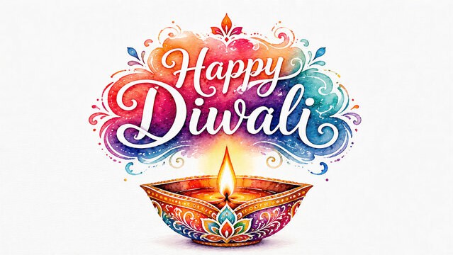 Diwali Greeting with Watercolor Typography and Diya