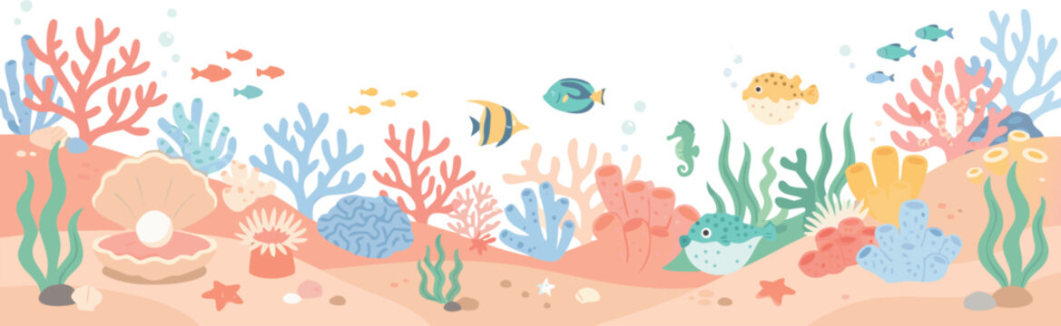Seabed horizontal seamless border, underwater world with corals, seashells and seaweed. Cartoon ocean floor scene, sea bottom, undersea marine life