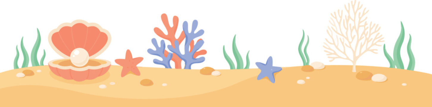 Seabed horizontal seamless border, underwater world with corals, seashells and seaweed. Cartoon ocean floor scene, sea bottom, undersea marine life