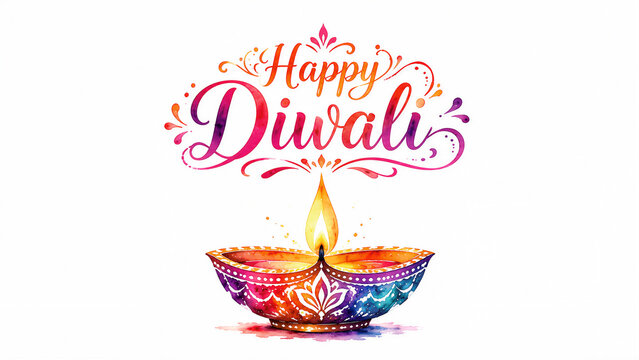 Elegant Happy Diwali Greeting Watercolor Illustration with Colorful Diwali Diya