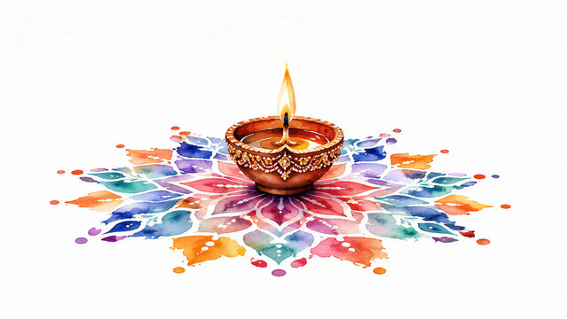 Elegant Watercolor Diwali Festival Illustration | Watercolor Diwali Diya with Colorful Rangoli