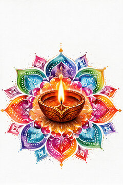 Elegant Watercolor Diwali Festival Illustration | Watercolor Diwali Diya with Colorful Rangoli