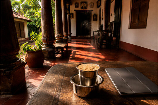 Hot Indian Filter Coffee Served on Wooden Table in Traditional South Indian Courtyard
