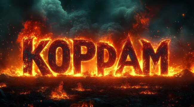 massive fiery 3d letters spelling koppam engulfed in flames and molten lava with dark smoky clouds and flying embers conveying intense dramatic destruction