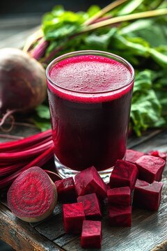 glass of vibrant fresh beet juice with diced beetroot, beet greens and whole beet on a rustic wooden table, refreshing and wholesome