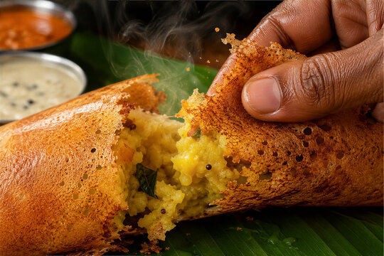 Close Up of Hot Indian Masala Dosa Being Torn Open with Steaming Potato Masala