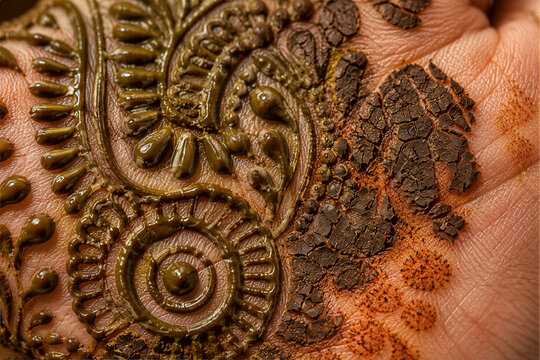 Macro Close Up of Fresh and Dried Mehndi Henna Design on Hand
