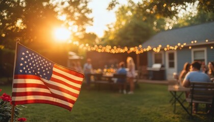 Fototapeta premium American flag in a backyard at sunset during a warm festive outdoor gathering with string lights and friends chatting around picnic tables, relaxed summer atmosphere