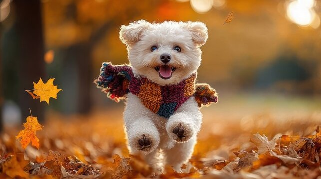 joyful small white fluffy dog wearing a colorful knitted scarf leaping through orange autumn leaves in warm golden park light
