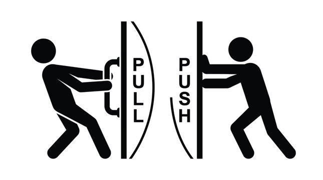 Minimalist vector illustration of black stick figure icons demonstrating pull and push door operation instructions