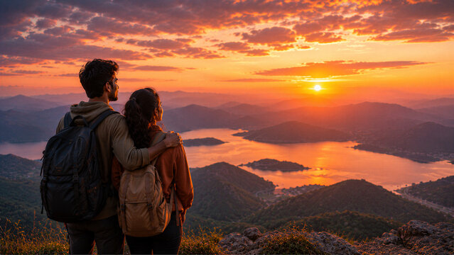 Indian Couple Watching Breathtaking Mountain Sunset from Scenic Viewpoint During Mountain Trek