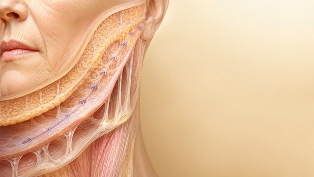 Detailed anatomical cross-section of human neck showing skin muscle and tissue layers
