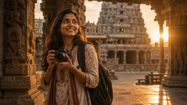 Young Indian Woman Capturing Cultural Heritage at Historic Temple with DSLR Camera