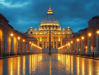 Fototapeta premium majestic illuminated domed basilica at dusk with glowing street lamps and long reflective wet plaza, serene and dramatic evening atmosphere