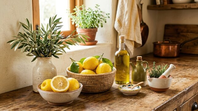 Rustic kitchen counter setup with fresh lemons, olive oil, and herbs