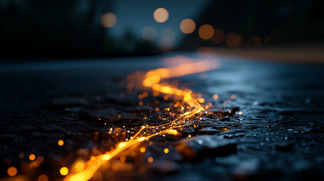 Glowing orange light trail path on dark textured ground surface at night