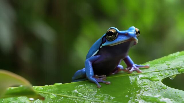 Vibrant Blue Poison Dart Frog on Wet Leaf