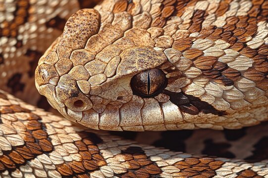 coiled brown patterned snake head with textured scales and vertical pupil, alert watchful gaze