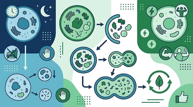 Biological cell process infographic showing cellular renewal