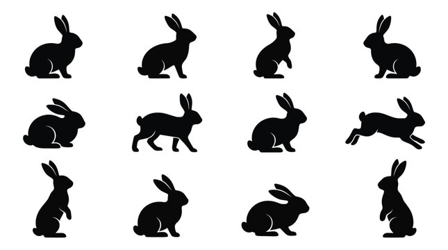 A detailed vector illustration set featuring twelve unique black rabbit silhouettes in various jumping poses