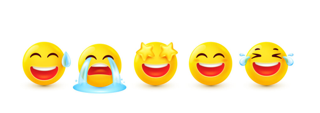 3d emoji icons set, realistic yellow emoticon with crying face with tear streams, laughing with tears of joy, star eyes and awkward smile with sweat drop, vector collection of facial expressions