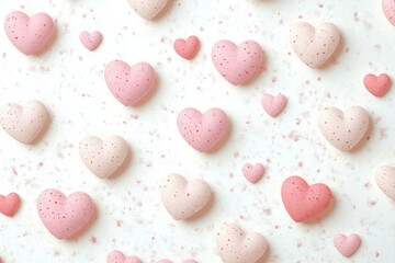 Obraz premium Scattered pink and white heart-shaped macarons with crumbs on a white background, playful romantic sweet mood