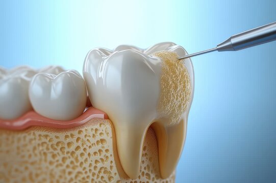 close-up cross-section of a molar tooth with gum and jawbone as a dental instrument places porous bone graft material, clinical sterile and precise dental procedure