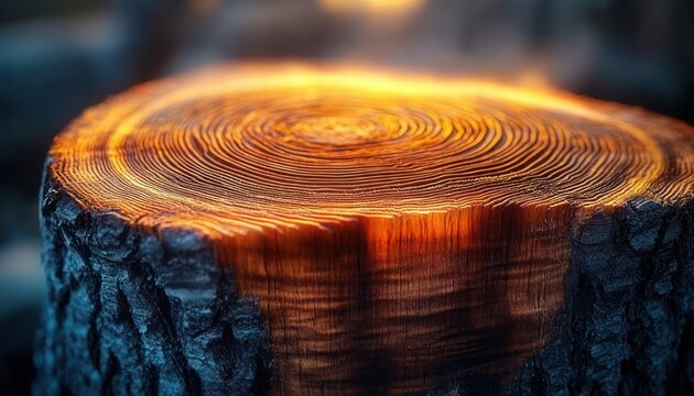 close-up of a tree stump cross-section with glowing golden rings and charred bark, evoking warm tranquil wonder