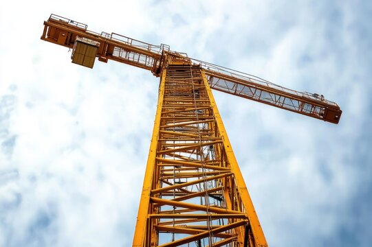 low-angle view of a tall yellow tower crane with lattice mast and long jib against a cloudy sky, imposing industrial presence
