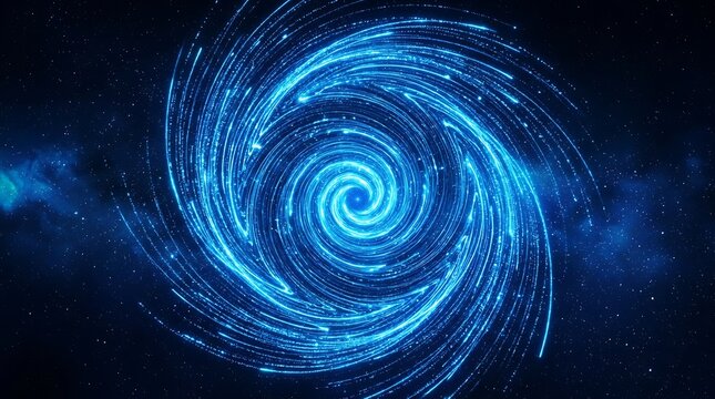 Blue cosmic vortex of glowing energy particles in dark space