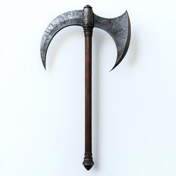 ornate double crescent-bladed battle axe with wooden haft, engraved metal details and sharp curved blades, imposing and formidable on white background