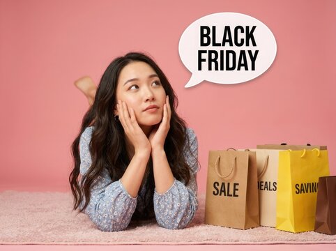 Black friday shopping dreams woman imagines deals with sale bags perfect for holiday season promotions