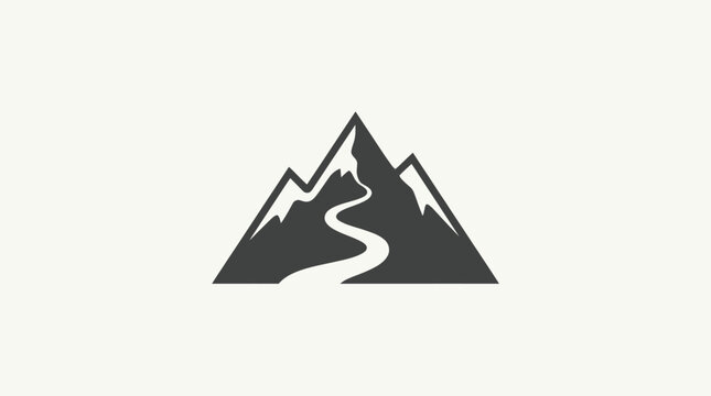 Minimalist mountain peak icon with a winding path in dark gray vector