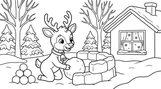 Reindeer building snow fort winter coloring page vector