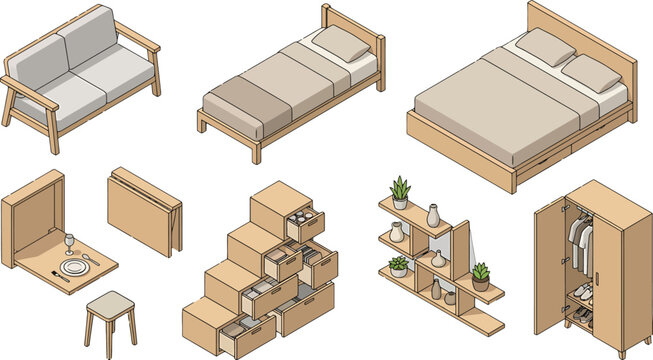 Isometric furniture set featuring wooden beds sofa storage stairs folding table and wardrobe for interior design projects