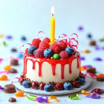 small festive birthday cake with red drip glaze topped with raspberries, blueberries and a single lit yellow candle, surrounded by chocolates, candy and colorful confetti, joyful celebration