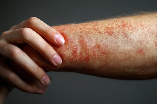 person scratching inflamed red rash and scaly patches on forearm, showing discomfort and itching