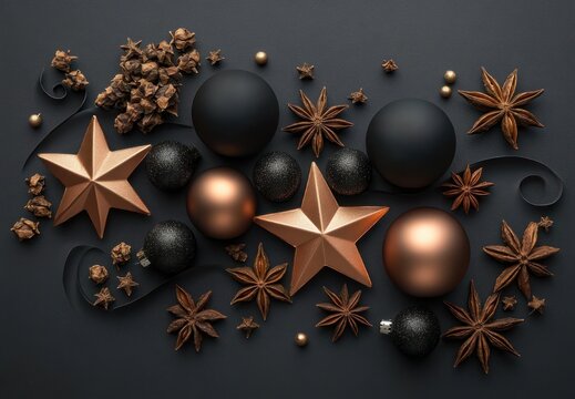 elegant festive flat lay of bronze stars, matte black and copper baubles, glitter balls, star anise, dried seed pods and curled ribbons on a dark background