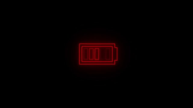 Neon red and red fire glowing battery charging icon. Charger, running from low to full cell phone battery. Glowing neon line Battery icon animated