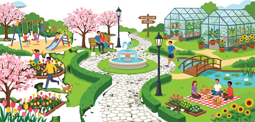 Naklejka premium People enjoying activities in a public park with playground fountain greenhouse and blooming spring flowers vector illustration