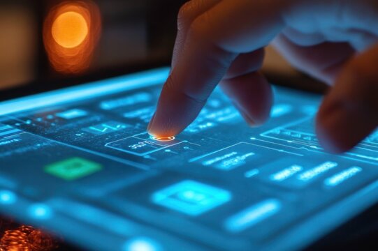 Close-up of a finger tapping a glowing blue digital touchscreen tablet interface with warm bokeh lights, conveying focus and engagement