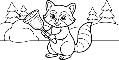 Fototapeta premium Cute raccoon ringing bell winter coloring page vector